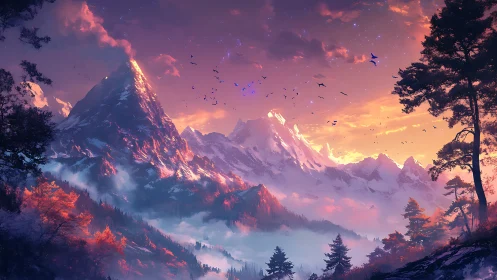 Volcanic alpine range under luminous magenta twilight sky