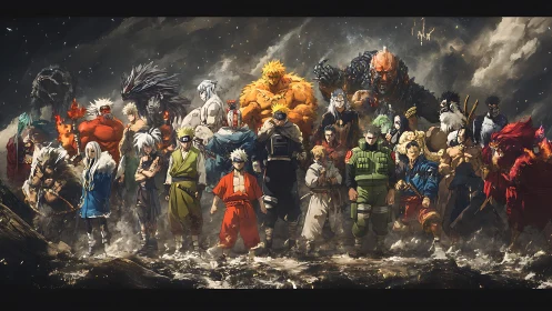 Epic anime heroes and beasts united on a stormy battlefield.