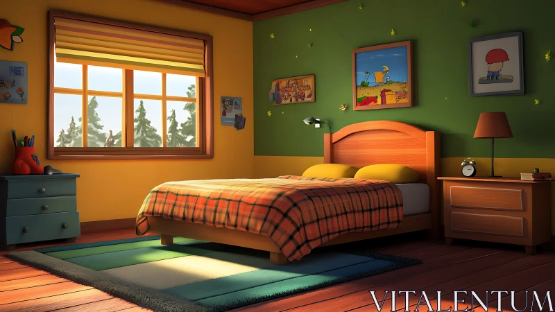 Cozy cartoon bedroom glowing with soft afternoon sunshine.
