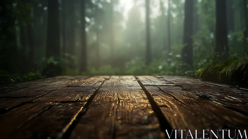 Wooden Passage Through Misty Forest Depths.