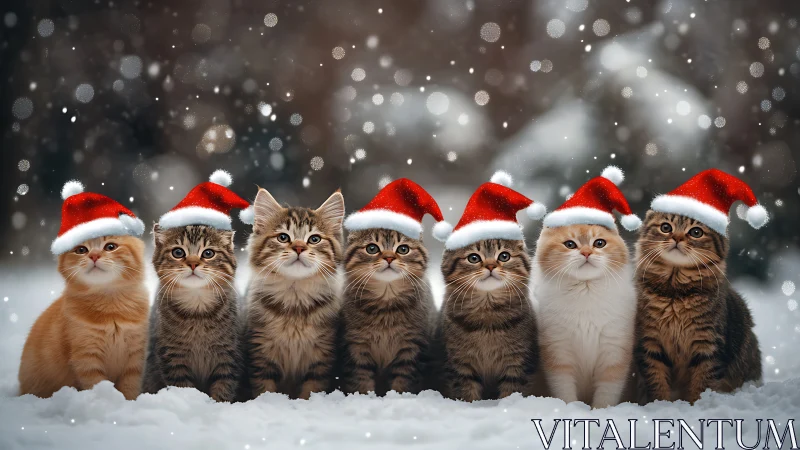 Seven cats wearing red and white Santa hats arranged in snowy setting.
