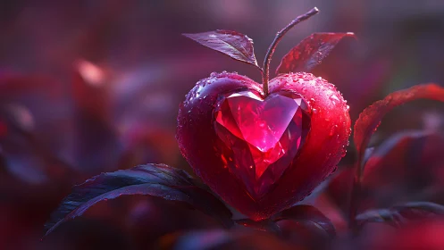 Jeweled Heart Apple Glows in Magical Crimson Twilight