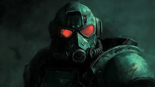 Armored sci fi trooper in gas mask helmet with red visor optics