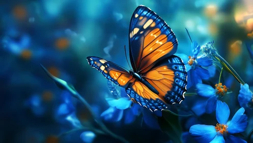Sapphire garden ablaze with a luminous orange butterfly dream.