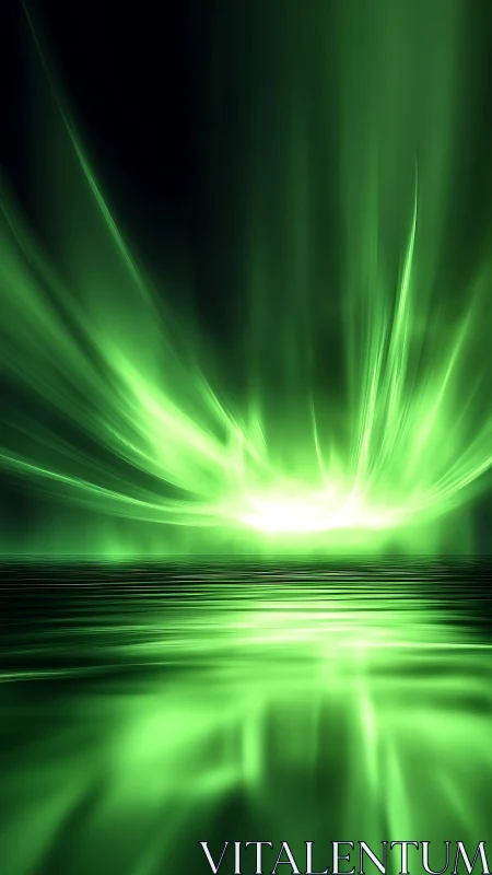 Electric green aurora erupts above mirrored water horizon