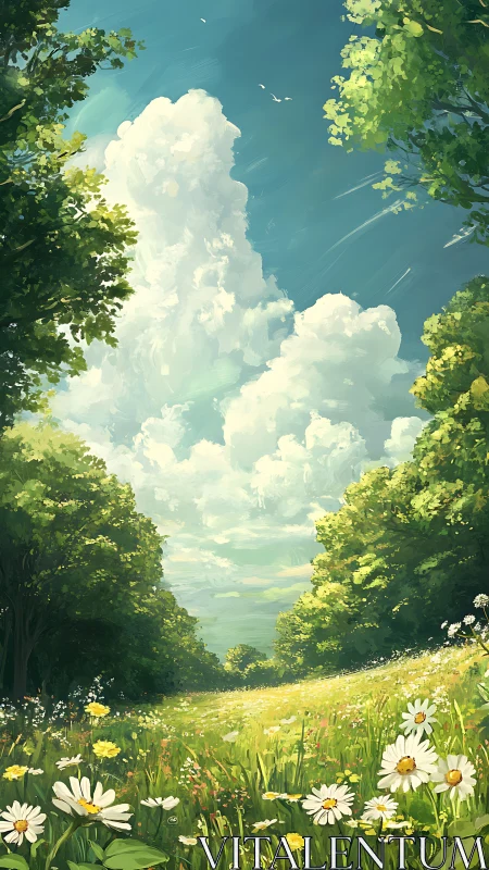 Summer meadow opens beneath towering cumulus clouds.