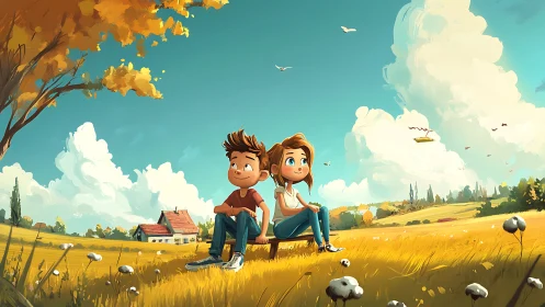 Two Young Figures Contemplating Golden Landscape with Autumn Foliage.