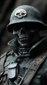 Undead soldier portrait in decayed uniform and skull helmet.