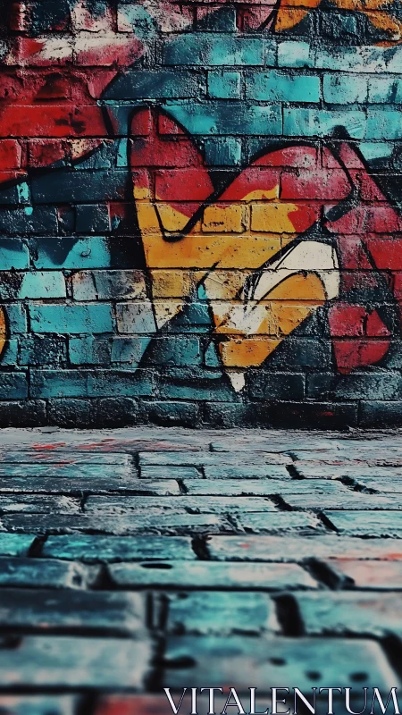 Painted brick wall with abstract graffiti shapes in color.