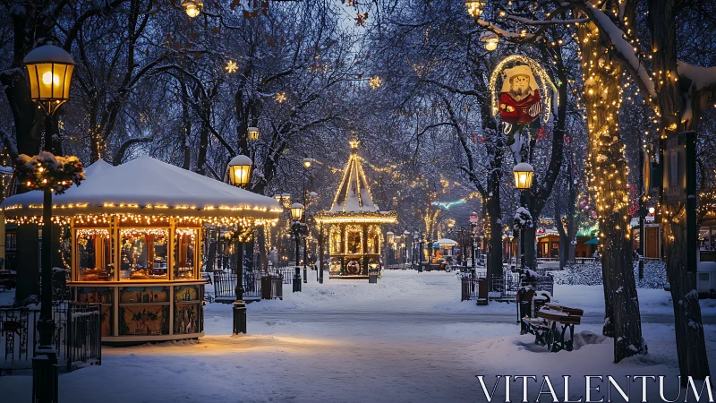 Snowy winter market glowing under golden fairy lights.