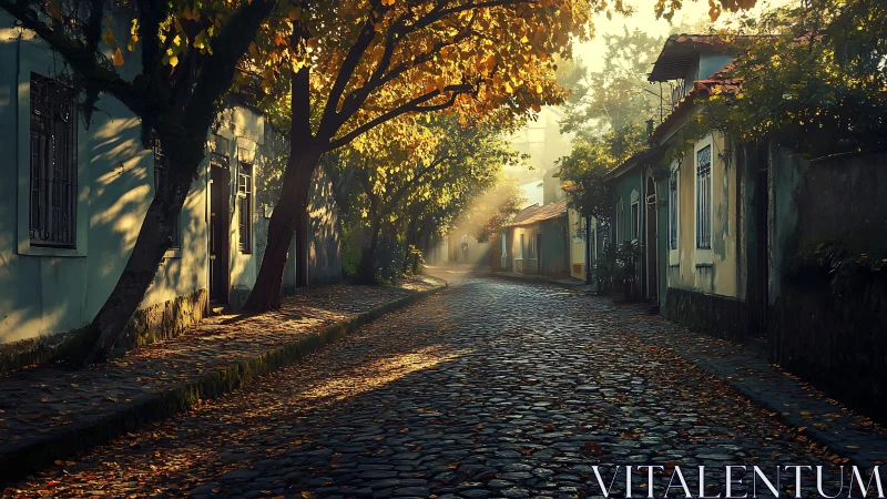 Golden morning light spills along a quiet cobblestone lane