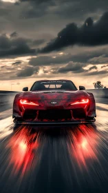 Low-angle red sports car on wet racetrack under storm clouds