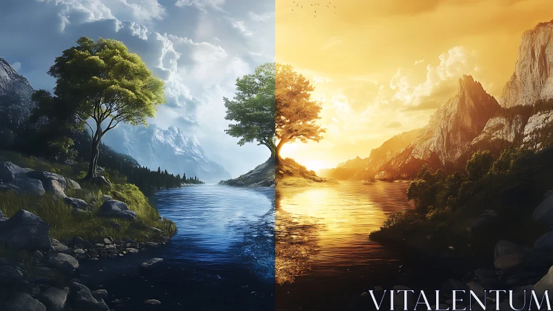Bipolar alpine river landscape in split-day digital painting.