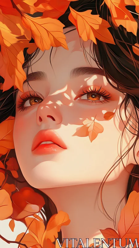 Soft autumn gaze framed by glowing amber leaves.