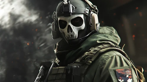 Tactical soldier in skull mask with headset in combat gear.