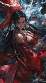 Sword-bearing sorceress confronts serpent amid dynamic water burst