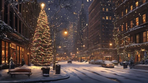 Snowy city street glows with a welcoming Christmas tree