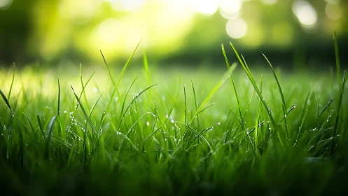 Close-up view records dew-covered grass blades in soft focus