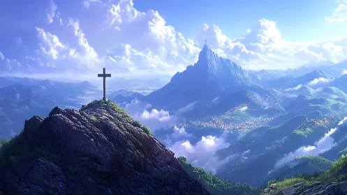 Sky-bathed mountain cross above a dreamlit valley kingdom.