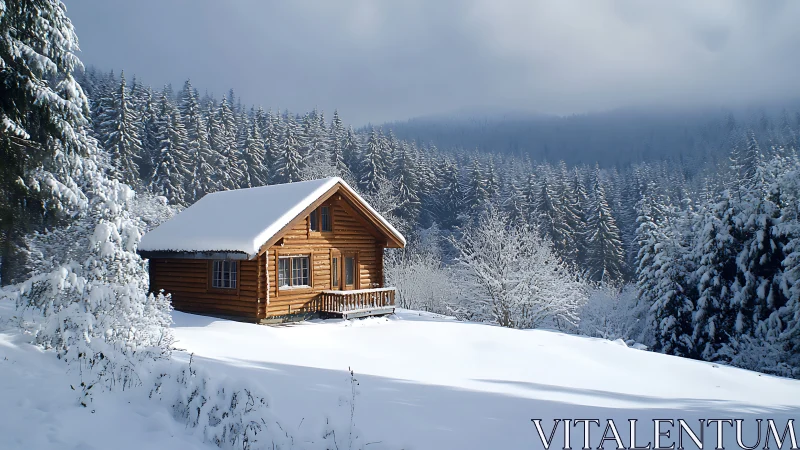Snow-draped forest cabin dreaming under a quiet winter sky.