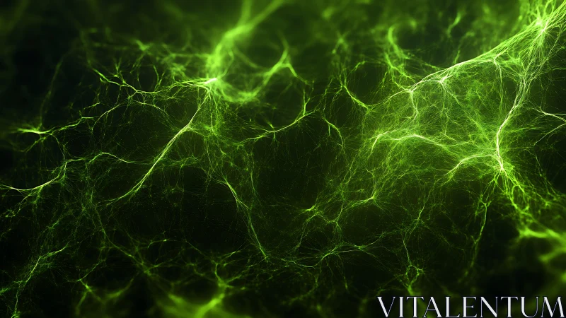 Green luminous filament network on dark abstract background.