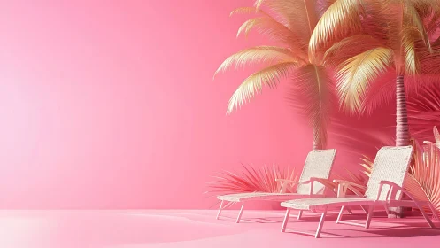 Monochrome pink poolside loungers under stylized palm trees