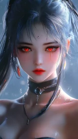 Enchanting red-eyed sorceress gazes through silver mist