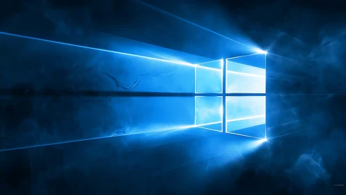 Glowing blue window logo with light beams and reflection.