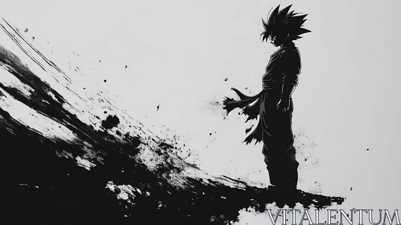 Ink-splashed warrior silhouette standing in quiet resolve.