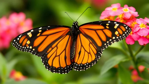 Monarch butterfly resting softly among bright garden blooms.