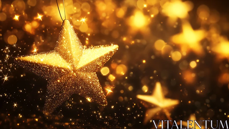 Glittering star ornament is suspended in warm bokeh field