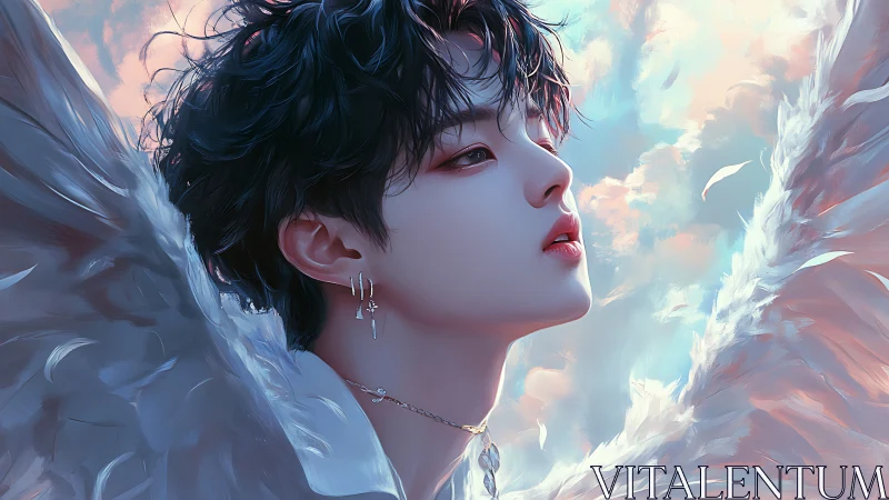 Heaven-struck youth tilts skyward, wings carving pastel clouds