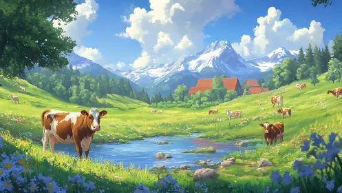 Cows stand by reflective stream in bright alpine valley