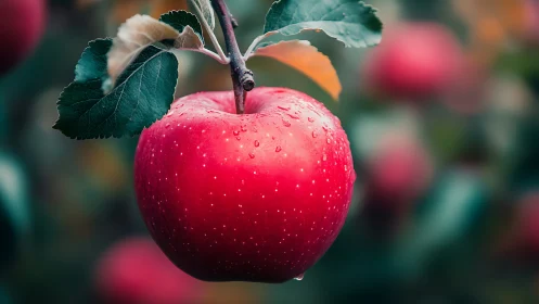 Red apple with water droplets on tree branch in orchard.