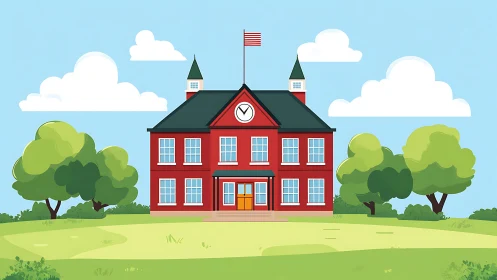 Cheerful red schoolhouse nestled in a bright green campus.