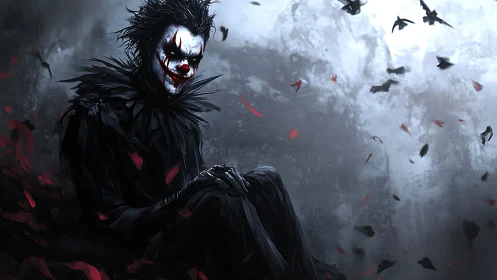 Monochrome demonic clown in ragged feathers under stormy sky