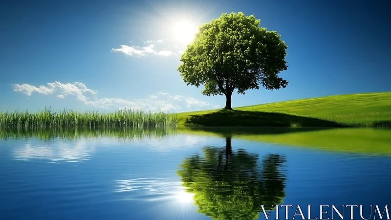 Solitary tree mirrored in calm lakeside water under sun.