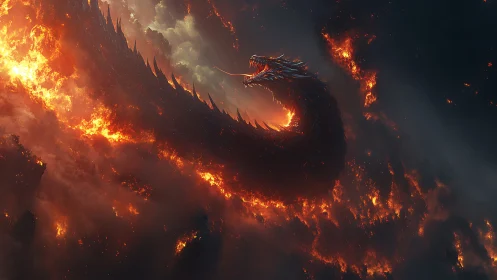 Serpentine fire dragon coils through volcanic clouds with incandescent embers