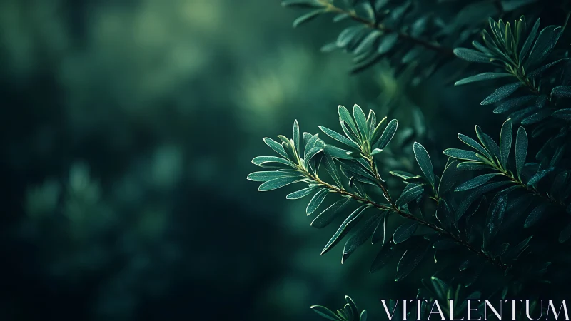 Moody macro foliage in cinematic teal green bokeh light.