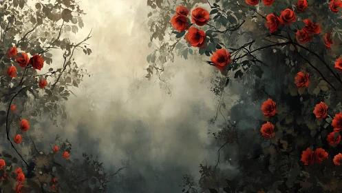 Crimson Blooms in Mist: Digital Floral Impressionism.