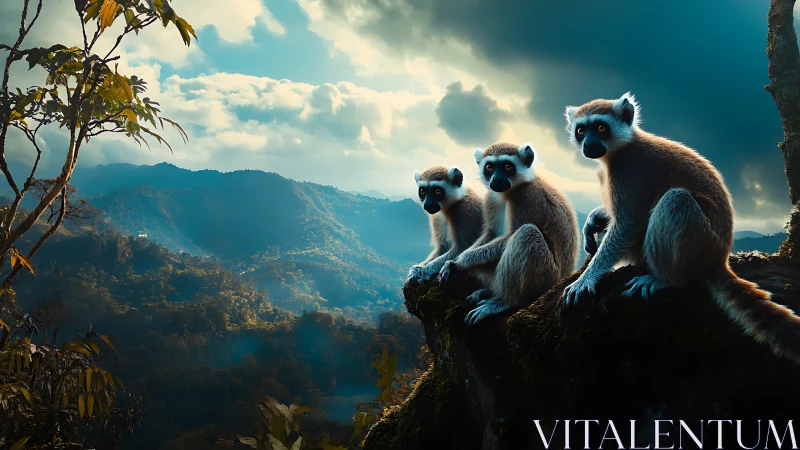 Lemurs on cliff edge over misty tropical mountain valley.