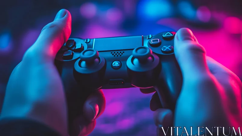 DualShock controller gripped under neon cyan and magenta lighting