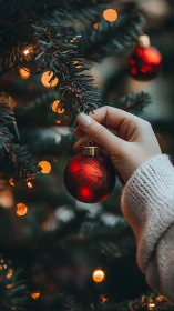 Photorealistic close-up of hand placing red bauble on tree.