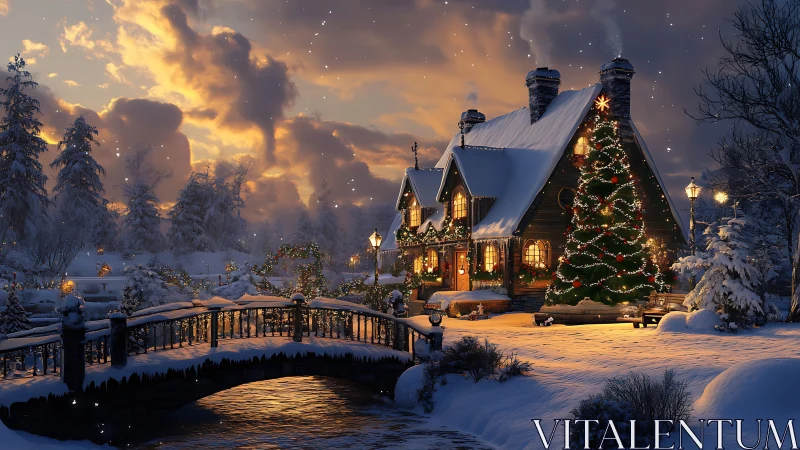 Snowy cottage and bridge in illuminated winter sunset scene.