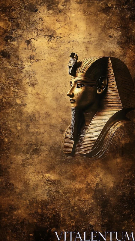 Ancient Egyptian pharaoh bust on distressed golden background.