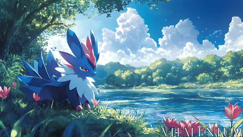 Gentle blue creature resting by a bright, peaceful riverside.