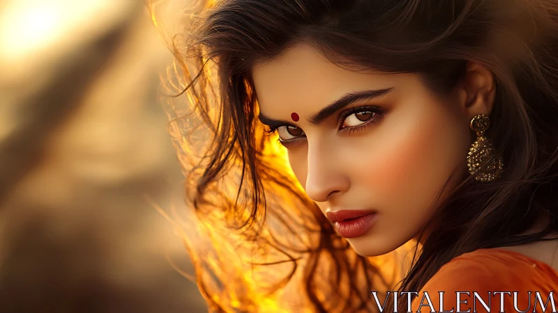 Sunlit gaze of an elegant woman in warm golden glow.
