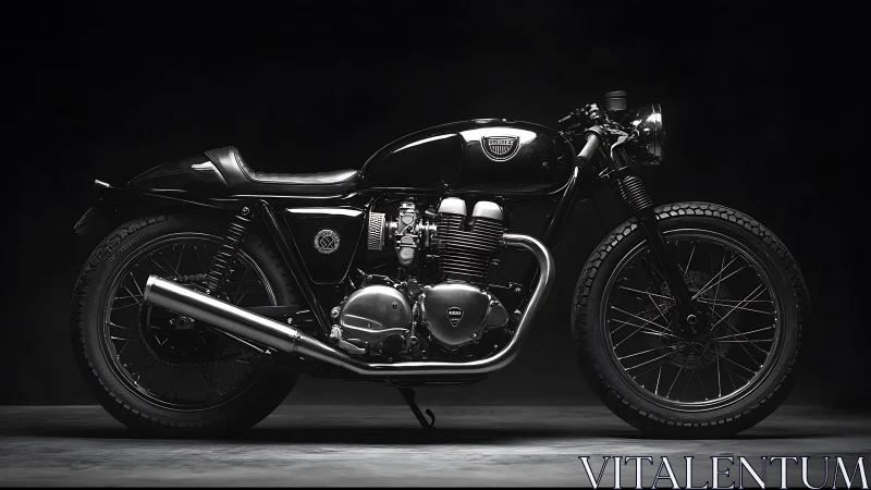 Custom black cafe racer motorcycle stands in dramatic studio light