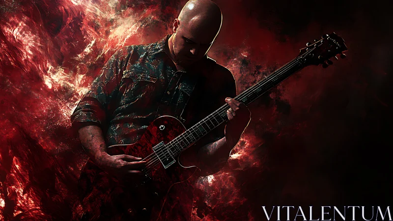Solitary electric guitarist in red abstract digital scene.