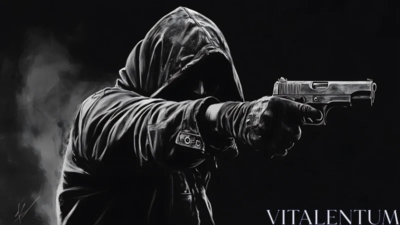 Hooded gunman emerges from darkness in stark monochrome